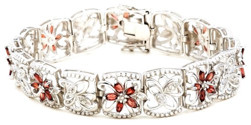 Platinum Overlay Sterling Silver Garnet w/ Diamond Accent Flower Bracelet, 7.25