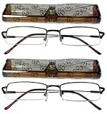 2 READING GLASSES~Half Rim~Hinge~Metal~Case~BRONZE+2.75