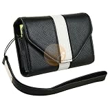 Black w/White Trim Leather Digital Camera Case for Canon PowerShot SD1400 IS / Digital IXUS 130 IS / Digital IXY 400F