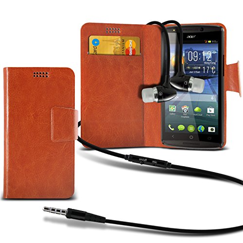 ( Orange + Earphone ) Acer Liquid E700 Protective Stylish Fitted Super Thin Faux Leather Suction Pad Wallet Case Cover Skin With Credit/Debit Card Slots With Premium Quality in Ear Buds Stereo Hands Free Headphones Headset with Built in Microphone Mic and On-Off Button by ONX3