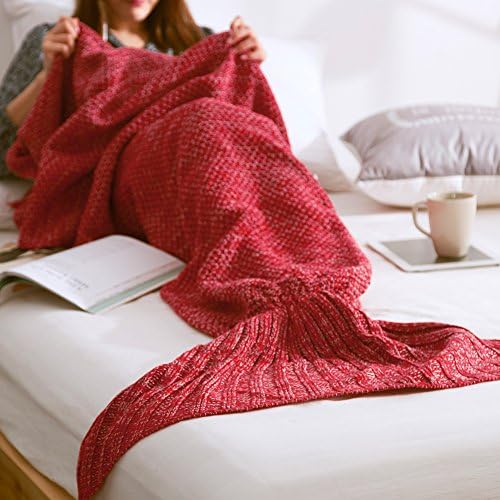 Mermaid Tail Blanket Crochet and Handmade Living Room All Seasons Sleeping Bags for Adults, Super Soft (71"x35.5", Red)