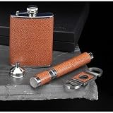 Genuine Leather Stainless Steel Flask, Funnel,Cigar Holder & Cutter