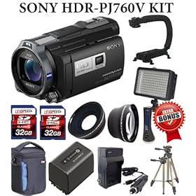 Sony HDR-PJ760V High Definition Handycam Camcorder with Projector (Black) + Sony NP-FV70 Spare Battery + TWO (2X)LEXSpeed 32GB SDHC Memory Card + LED 160 Compact Video Light + ForeGrip Handle + 3pc Filter Kit + Wide Angle & Telephoto Lens Set + Sunpak Heavy Duty Mon-Tripod + Deluxe Camera Bag plus b