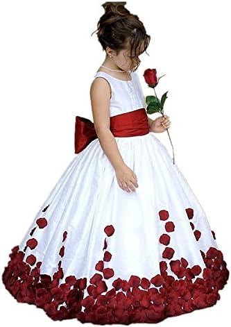 LuckyHouses Rose Petals Flower Girl Dress Junior Bridesmaid Party Dress (7, White-Red)