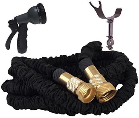 TruTec 75 Foot, Double Layer Latex Core, Solid Brass Fitting Nylon Fabric, 8 Way Spray Nozzle Stainless Steel Holder, Expanding Garden Hose - Black