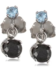 14k White Gold Blue Topaz and Black Diamond Dangle Earrings (1/2 cttw)