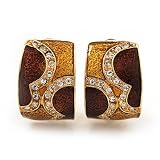 Small C-Shape Brown/ Gold Enamel Diamante Clip On Earrings (Gold Tone)
