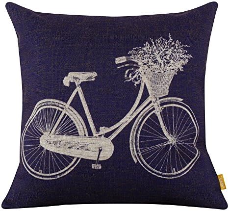 ForcoolStore Dark Blue White Bicycle with Flower Basket Burlap Throw Pillow Case Cushion Cover