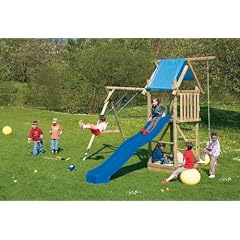 Kinderspielturm mit Sandkasten, Knotenseil, Schaukel und Rutsche blau - Alex Planendach -