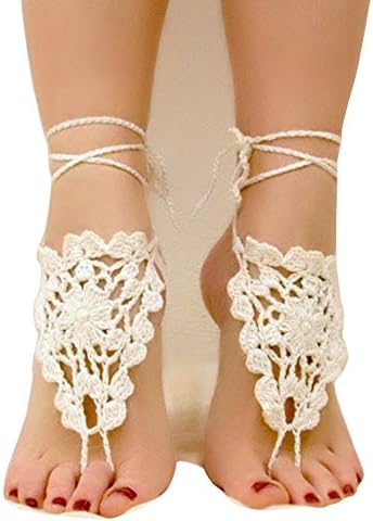 Victoria Style Ivory Crochet Barefoot Sandals Crochet Sexy Lace Shoes Women's Fashion Accessory, Gift for her (Ivory-V3)