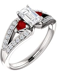 18K White Gold Emerald Cut Diamond and Ruby Ring -- LIFETIME WARRANTY