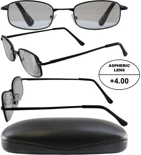 3 Pairs of Men's High-Powered Reading Glasses: Matte Black, Gold and Silver Frames and Black and Brown Cases +4.00 Magnification Aspheric Lenses