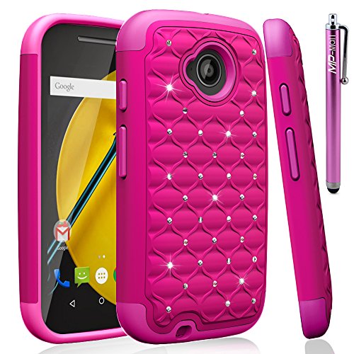 Moto E Case, MP-Mall Moto E 2nd Gen (2015) Studded Rhinestone Crystal Bling Dual Layer Hybrid Defender Armor Case Cover for Moto E 2nd Generation with Stylus (Hot Pink)