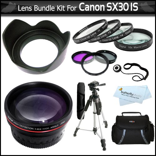 Lens Bundle Kit For The Canon SX30IS SX30 IS SX40HS SX40 HS Digital Camera Includes HD .45x Wide Angle Lens + 52MM Close Up Lens Kit Includes +1 +2 +4 +10 + 3pc High Res Filter Kit + Lens Hood + 57″ Tripod + Deluxe Case + Lens Cap Keeper +MicroFiber Cloth