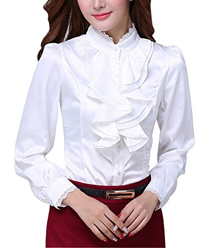 DPO Women's Chiffon Slim OL Ruffle Lace Founcing Front Shirt Long Sleeve Blouse
