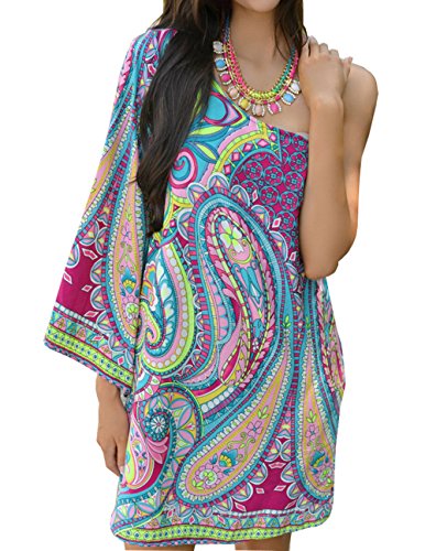 Wander Agio Bohemia Single Sleeves Printing Beach National Strapless Silk Dress