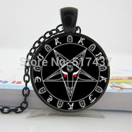 Pretty Lee 2015 New Glass Necklace Satan With Ball Chain Necklace Satanic Symbol Satan Worship Pendant Round Glass Necklace