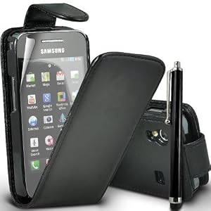 SUPERGETS® Samsung Galaxy Ace S5830 Premium Black Top Flip Leather Case with Touch Screen Stylus And Includes Screen Protector And Polishing Cloth