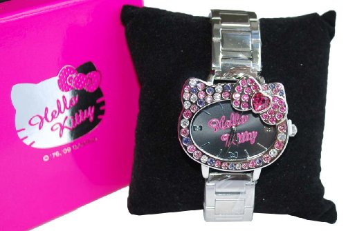 Sanrio Pink Purple Rhinestones Face Hello Kitty Stainless Steel Wristwatch