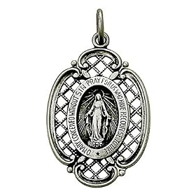 7/8" Sterling Silver Shield and Antiqued Filigree Miraculous Medal Necklace on 18" Chain