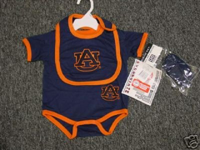 Auburn Tigers NCAA Infants / Babys / Kids Blue and Orange Creeper, Bib, and Bootie Set