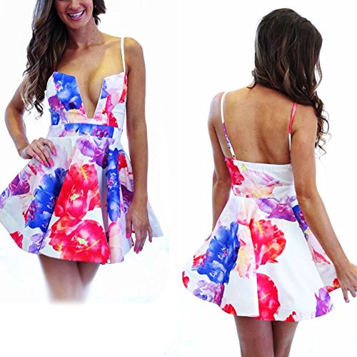 Moxeay® U-Neck Sleeveless Slim Waist Mid-Thigh One Piece Dress (M, Flower)