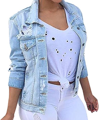 Pxmoda Women's Turn Down Collar Ripped Destroyed Denim Jacket Outwear