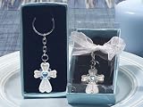 Baby Keepsake: White Cross Keychain with Blue Crystals