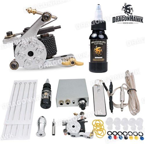 Complete Beginner Tattoo Kit Machine Gun Color Inks Needles Power Supply