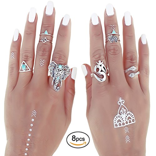 Shirley Turquoise Elephant Head Joint Knuckle Nail Midi Ring Set of 8 Rings