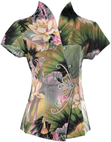 Quyi Women Lotus Floral Water Lily Embroidery Standing Collar Top Size 16 Green