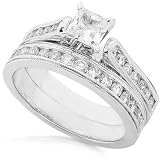 One of a Kind 1-5/8ctw Princess & Round Diamond Wedding Ring Set (H-I/VS2-SI) in 14kt White Gold