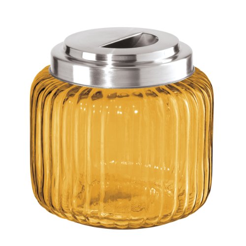 Oggi 4.3-Quart Jumbo Round Ribbed Glass Canister with Stainless Steel Lid, Amber