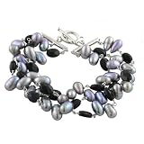Sterling Silver 3-Strand Gray Freshwater Pearl and Chess-Cut Onyx Toggle Bracelet
