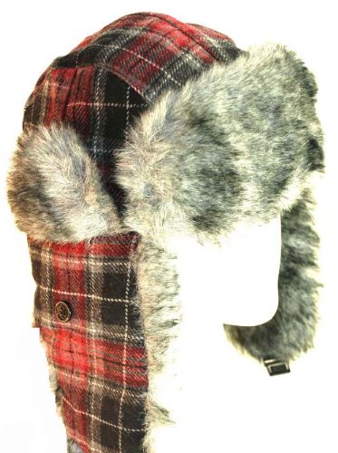 Wool Red Plaid Warm Pilot Aviator Trooper Trapper Hat for Men and Women.