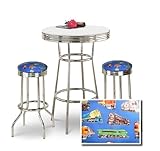 Chrome Bar Table & 2 Chrome Blue Train Fabric Seat Barstools