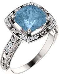Platinum 8.00x8.00mm Antique Cushion Cut Sky Blue Topaz and Diamond Ring -- LIFETIME WARRANTY