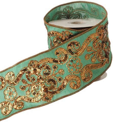 Green Damask Scroll Sequined Christmas Wired Ribbon, 4 Inch Wide X 5 Yards
