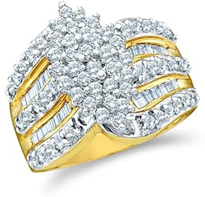 Size - 6.5 - 10k Yellow and White Two 2 Tone Gold Large Marquise Shape Cluster Round Cut & Baguette Diamond Engagement Wedding Ring Band 15mm (1.02 cttw)
