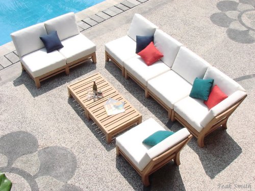 New Luxurious 7 Piece Teak Sectional Sofa Set - 2 Love Seats, 2 Lounge Chairs, 1 Corner Pc & 2 Ottoman/Side Tables.
