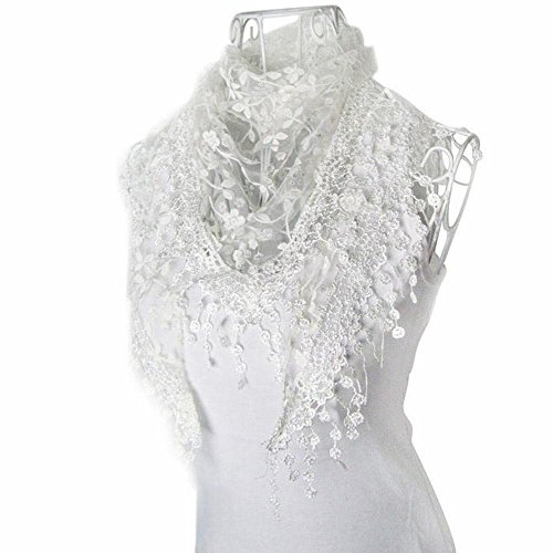 Bolayu Fashion Lace Tassel Sheer Burntout Floral Print Triangle Mantilla Scarf Shawl (White)
