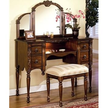 3pcs Ashton Walnut Finish Vanity Table with Stool Set