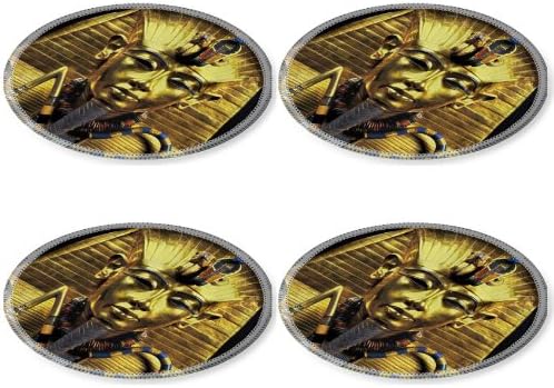 Gold Egypt Pharaoh Coffin Sarcophagus Round Coaster (4 Piece) Set Fabric Rubber 5 Inch Size Liil Coaster Cup Mug Can Water Bottle Drink Coasters Stain Resistance Collector Kit Kitchen Table Top Desk