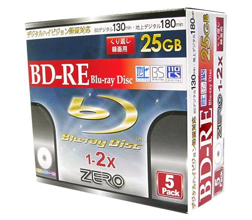 ZERO Blu-ray25GB繰り返し録画用ノーマルプリンタブル1-2倍速スリムケース1枚入りX5枚 ZBRE25-2X5PW