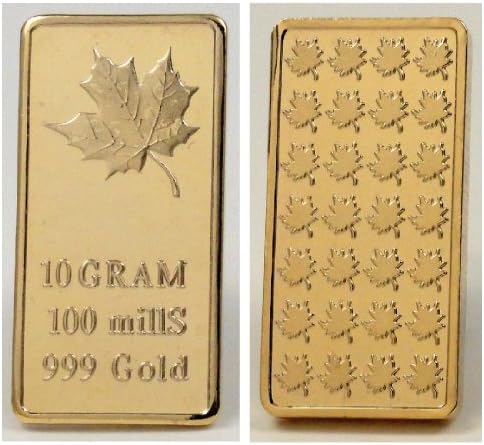 1- 10 Gram 24k 100 Mills Gold Clad Ingot Maple Leaf Bar Design- World Treasures Mint