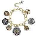 Textured Link Charm Bracelet with Two Tone Coins Faith, Cross, Fleur de Lis