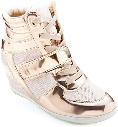 NEW Fashion Women's Lace Up Velcro High Top Ankle Wedge Heels Sneaker Boots Shoe GHK89289 rose golden 7