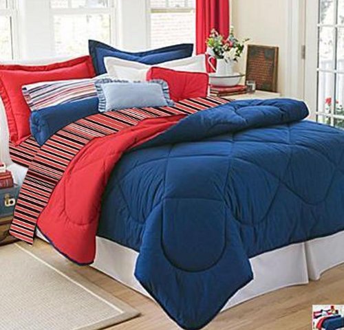 Dorm Bedding Set: Dorm-Room-In-a-Box: Comforter, Sheet Set, Mattress Pad, Pillow, Towel set - Navy Red - Twin XL 10 Pc SET