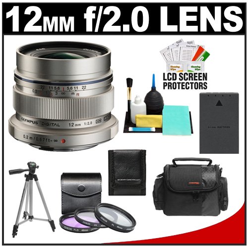 Olympus M.Zuiko 12mm f/2.0 ED Digital Lens (Silver) with 3 UV/PL/FLD Filter Set + BLS-1/BLS-5 Battery Case + Tripod + Accessory Kit for PEN Micro 4/3 E-P1, E-P2, E-P3, E-PL1, E-PL2, E-PL3, E-PM1 Cameras
