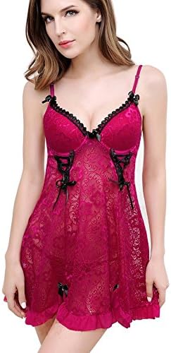 Flygift Women Sexy Lingerie Sling Transparent Pijama Lace Babydoll Nighties Dress (Wine Red)